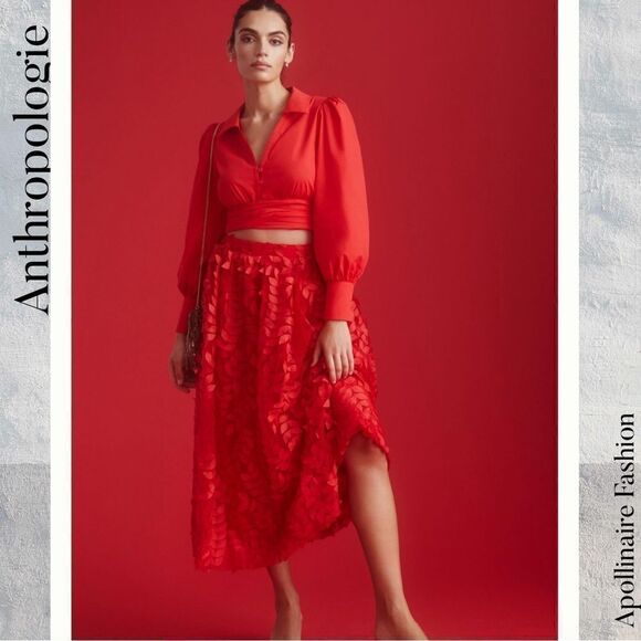 ANTHROPOLOGIE BY SUNDAY IN BROOKLYN DIMENSIONAL LEAF MAXI SKIRT IN RED SIZE 8 - Picture 3 of 6